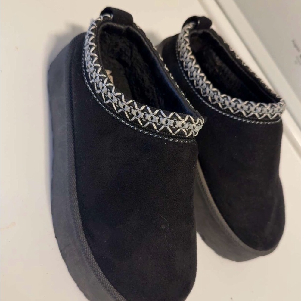 Black Slip-On Platform Clogs with Embroidered Trim